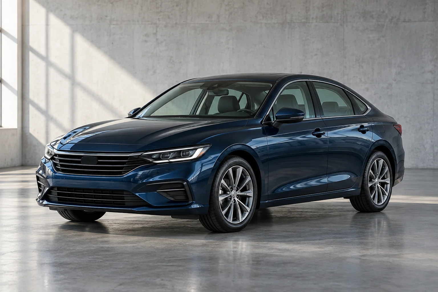 Illustrative unbranded dark-blue sedan viewed from the front three-quarter angle with aqua reflections in a clean concrete studio